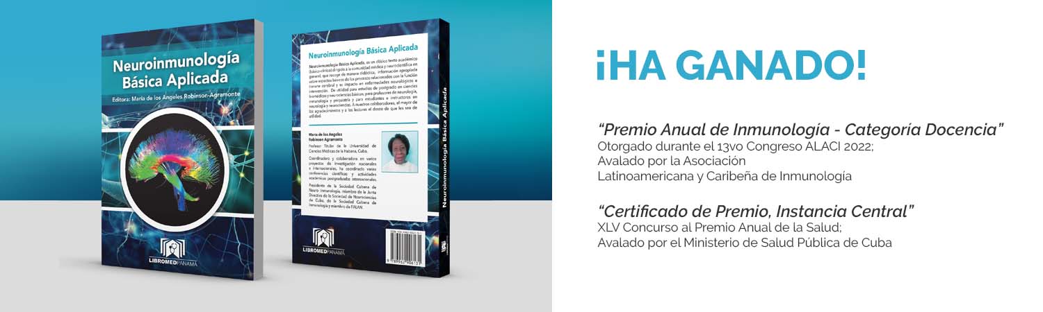 Portada y contraportada de libro 'Neuroinmunología Básica Aplicada', listado de galardones a la derecha.